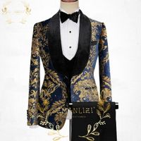 Classic Navy Blue Floral Men Suits For Wedding 3 Piece Groom Tuxedos Male Dinner Prom Blaze Jacket Vest Pant Set Costume Homme