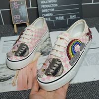 Heavy Industry Rhinestone Star Rainbow Low Top Pink Plaid Canvas Shoes Women's Casual Banquet Party Shoes large size35-40