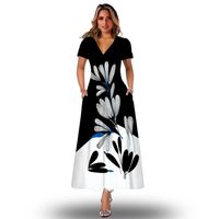 Robes de fête robe à manches courtes femme printemps d'été plage décontractée V cou 3d feuilles imprimées maxi élégant lâche noir noir pour femmes