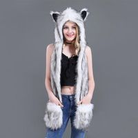 Beanie/Skull Caps Styles Faux Fur Hood Animal Hat Ear Flaps Hand Pockets 3 In1 Wolf Plush Warm Earmuff Cap With Scarf GlovesBeanie/Skull