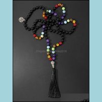 Anhänger Halsketten Anhänger Schmuck Oaiite 7 Chakra Naturstein Handkette Halskette Schwarze Onyx Perlen Mala Yoga Spirituell mit Baum von L