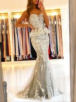 Mermaid Spaghetti Sweetheart Lace Evening Dresses Open Back Sweep Train Appliques Formal Prom Gowns