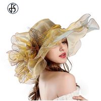 FS Fashion Summer Organza Hats For Women Elegant Ladies Wide Large Brim Church Wedding Hat With Big Flower 220607