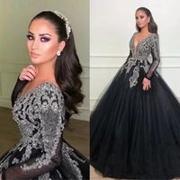 Robe de bal sexy robe à manches longues robes de soirée 2022 Noir V-cou classique Appliques de perles Top robe de bal robe de fête