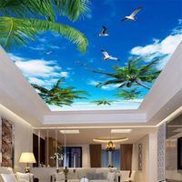 Bakgrundsbilder anpassad tapet 3d kokosnöt träd blå himmel vit sjöfågel tak zenith väggmålning hem dekoration tak bakgrund målning vattentät