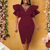 A Casual Dresses Elegant Women Plus Size Party Dress Beaded V Neck Ruffle Sleeve Bodycon Burgundy Classy Evening Dinner Birthday Outfits