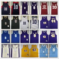 Dikişli Mitchellness Formalar Basketbol 42 Worthy Jersey 24 # 8 # 10 # 44 Jerry Artest West Retro Retro Beyaz Mavi Siyah 1996-1997 1998 2003-04