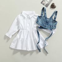 Fashion Children Baby Girl Clothes Set Solid Color Long Sleeve Shirt Dress Denim Beading Vest 2pcs Outfits