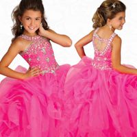 Deslumbrantes Vestidos De Concurso De Meninas De Cristal com Frisada Halter Organza Ruffles Até O Chão Rosa Partido Prom Vestidos Glitz Pouco Vestido De Meninas De Flor