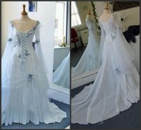 Blanco de vestidos de novia nuevo de la vendimia y Azul pálido colorido medieval Vestidos de novia Scoop escote corsé de Bell largas mangas Apliques Flores 419