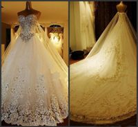 Lüks Gerçek Görüntü Kristal Gelinlik Sweetheart Aplikler Boncuklu Gelin Modelleri Katedrali Dantel-up Geri A-Line Düğün Elbise