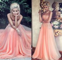 2019 Hot Sales Peach Prom Dresses Beaded Lace Appliques Polyester Boning A-Line Floor-length Chiffon Evening Gown Formal Dress Party Gowns