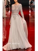 Бесплатная доставка высокого качества дизайнер A-Line принцесса с высоким вырезом с длинными рукавами спинки аппликация длиной до пола, шифон вечернее платье