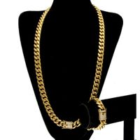 Acero inoxidable de 24 quilates de oro macizo galvanoplastia broche de fundición W / Diamond Cuban Link collar pulsera para hombres bordillo cadenas joyas conjunto 10 mm / 14 mm