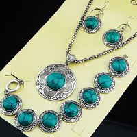 Mom Gifts 2020 New Hot Sale Antique Silver 3pcs Round Turquoise Earrings Bracelet Necklace Women Vintage Jewelry Set A1014