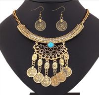 Bohemian Retro Tribal Crystal Crescent Bead Flower Coin Fringe Bib Necklace Earrings Set Turkish Gypsy Jewelry Set