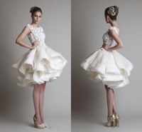 2020 nuevos vestidos de novia corto de lujo vestidos nupciales Tamaño cuello de la joya 3D aplicaciones de flores de encaje sin mangas niveles volantes de organza personalizada Plus