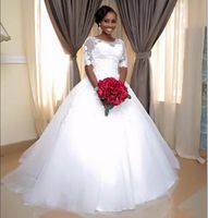 2018 дизайнер Scoop Neeck бальное платье с коротким рукавом кружева аппликации длинные свадебные платья тюль свадебные платья