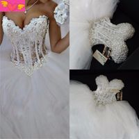 Luxurious Bling Strapless Wedding Dresses Corset Bodice Sheer Bridal Ball Crystal Pearl Beads Rhinestones Tulle Wedding Gowns