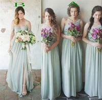 2019 Hot Mint Green Chiffon Brautjungfernkleider für den Sommer Beach Garden geraffte bodenlangen langen Hochzeitsgast Kleid Plus Size Abendkleider