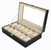 Najwyższej jakości Marka PU Leather Watch Wyświetlacz Case Biżuteria Kolekcja Organizer Box 12 Siatki Slots Zegarki Wyświetlacz Storage Square Box Case