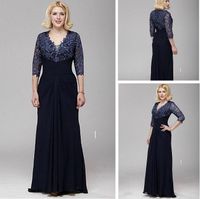 Hot Drilling Sheath V-neck A-line Lace and Chiffon Mother of the Bride Dress 3/4 Sleeve Floor Length Mother&#039;s Dresses