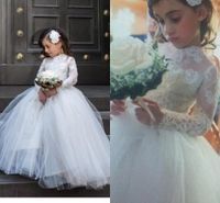 Principessa 2017 Little Flower Girl Abiti da sposa Maniche lunghe Pizzo Appliqued High Neck Pageant Gowns Bianco Prima Comunione Dress