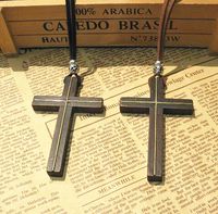 Inlaid copper wooden cross pendant necklace vintage leather ...