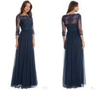 Hot Robe De Soiree Tulle Formal Bridesmaid Dresses Lace Scoop Neck Sheer navy blue Three Quarter Sleeves Mother of the Bride Dresses