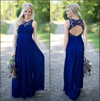 Kraliyet Mavi Gelinlik Elbise Zarif Backless Kat Uzunlukta Uzun Dantel Şifon Kadınlar Giymek Akşam Düğün Parti Elbise