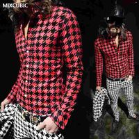 Toptan-Mixcubic ilkbahar yaz İngiltere tarzı stilisti houndstooth ızgara baskılı gömlek erkekler erkekler için kırmızı rahat ince baskılı gömlek M-XXL