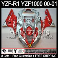 8Gifts + Carrosserie voor Yamaha 00-01 Fortuna Red YZFR1 00 01 YZF1000 Y9966 YZF R1 YZF R 1 YZF 1000 YZF-R1 R1 Rood Zilver 2000 2001 Verkleefset