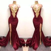 2017 nieuwe sexy afrikaanse burgundy prom jurken avondkleding zeemeermin gouden kant geappliceerd front split 2k18 elegante formele avond feestjurken