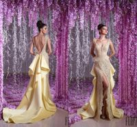 Sexy Toumajean Couture Backless Vestidos de Noite Sereia Sheer Enorme Decote Side Split Lace Prom Vestidos de Prometo Chão Comprimento longo Pageant Vestido 2019
