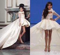 2021 Yüksek Düşük Kızlar Pageant Elbiseler Gençler Için Halter Saten Dantel Uzun Kollu Communion Elbise Parti Doğum Günü Giyim Çiçek Kız Elbise