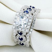 2.2 ct 3 pz solido 925 sterling argento sterling halo anello nuziale set principessa taglio cz blu laterale pietra gioielli classici per le donne