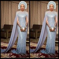 Klänningar Silver Lace Afrika Aftonklänningar med Chiffon Sleeves Mantel Golvlängd Formell Aso Ebi Evening Gowns Custom Made Prom Dresses