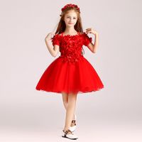 2017 Kırmızı Diz Boyu Çiçek Kız Elbise Balo Organze ile Aplike El Yapımı Çiçekler Ucuz kızlar Pageant Elbise Ucuz Kırmızı, Beyaz, Siyah