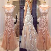 Champagne 2016 Prom Dresses Illusion Bateau Kant Applicaties Capped Sleeves Lage V Back With Belt Mermaid Avondjurken