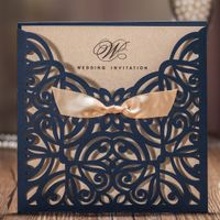 Wishmade Azul Marinho Laser Cut Convites De Casamento Cartões Com Bowknot Papel Cardstock para a Festa de Noivado Casamento, Personalizável, 50 Peças