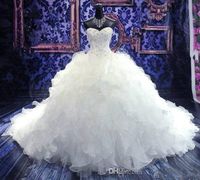 Luxus Perlenstickerei Brautkleid Prinzessin Kleid Schatz Korsett Organza Kathedrale / Kirche Ballkleid Brautkleider billig