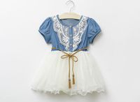 Sommer-Mädchen-Denim-Kleid-Baby-Ballettröckchen-Kleid scherzt Prinzessin Dresses Lace And Gauze Hem With Belt Kinder, die beiläufige Kleider kleiden Freies Verschiffen