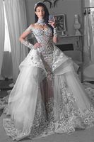 Glamorous Long Sleeves sirena sirena Vestidos de novia con tren desmontable Dubai High Neck Vestidos de novia Overskirt vestidos de novia con gradas