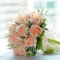 Yüksek Kaliteli Şeftali Gül Gelin Buketi 18 Çiçekler Gelin Çiçek Yeşil Yapraklar Atmak Kurdela ile Düğün 100% El Yapımı Nedime Buket