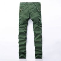 Мужчины джинсы байкер панк стиль грузовой карман джинсы тощий известный бренд мужская дизайнерская одежда молния джинсовые брюки армия зеленый