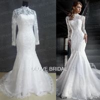 Высокое качество романтическое русалка кружева свадебное платье с высокой шейкой с длинным рукавом с длинным рукавом.