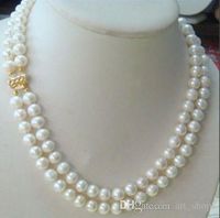 hot 2 row 9- 10MM AKOYA REAL WHITE PEARL NECKLACE 14k Clasp