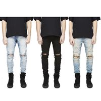Slim Fit Jeans Rasgado Homens Hi-Street Mens Afligido Denim Juntos Joelho Holes Lavado Jeans Destruído Plus S