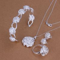 Kadınlar için en iyi hediye Güller gümüş kaplama takı seti ES242, moda 925 gümüş kolye bilezik küpe yüzük seti