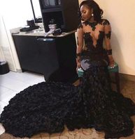 Sheer Long Sleeve Black Girls Prom Dresses 2017 Mermaid O Neck Tulle Lace Appliques Flower Zipper-Up Court Train Party Gowns